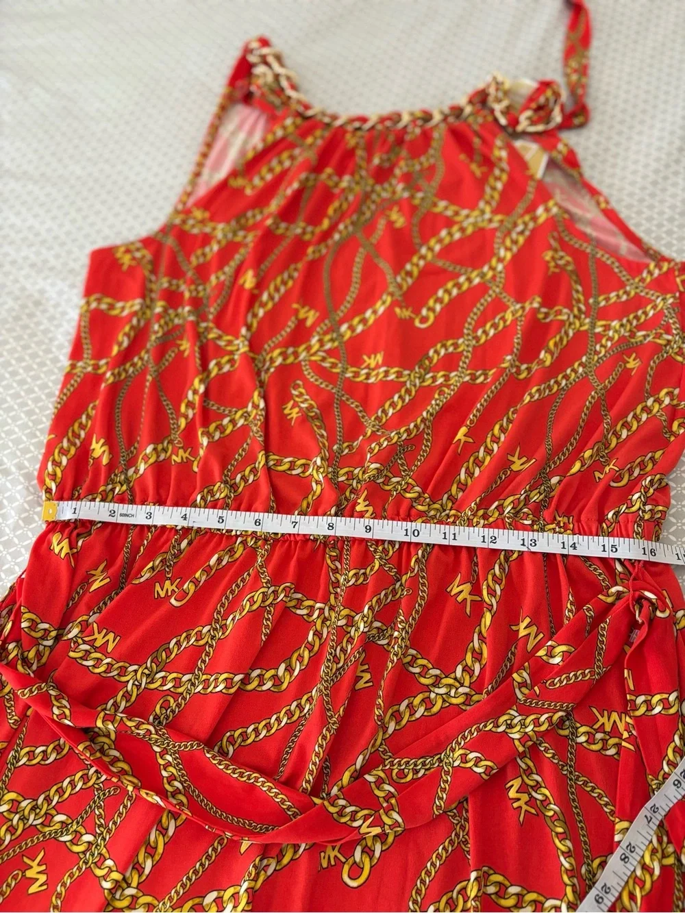 New 1X Michael Kors Orange Gold Chain Logo Midi Dress